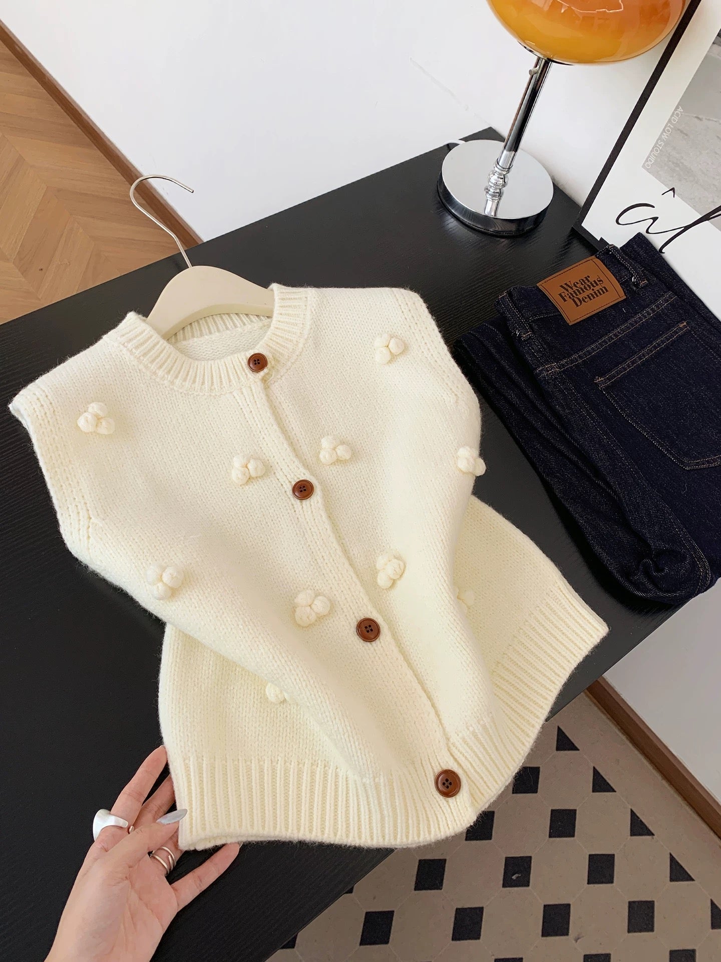Cream Knit Vest with Pom Pom Details – Button Down Sweater Vest