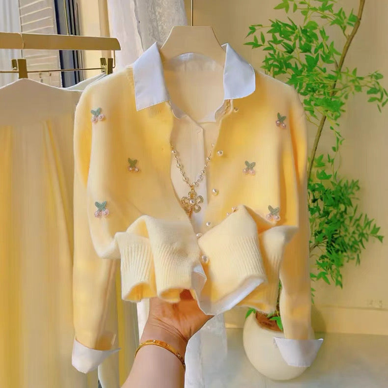 Yellow Knit Cardigan with Embroidered Butterfly Details Set