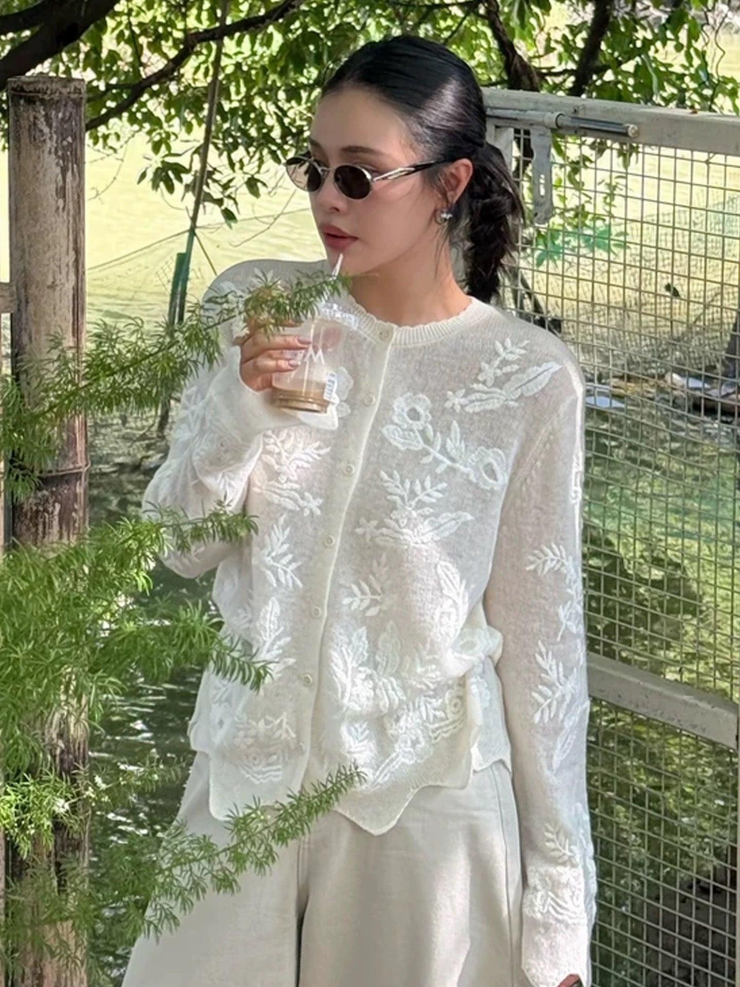 Sheer Embroidered White Blouse – Elegant Floral Design