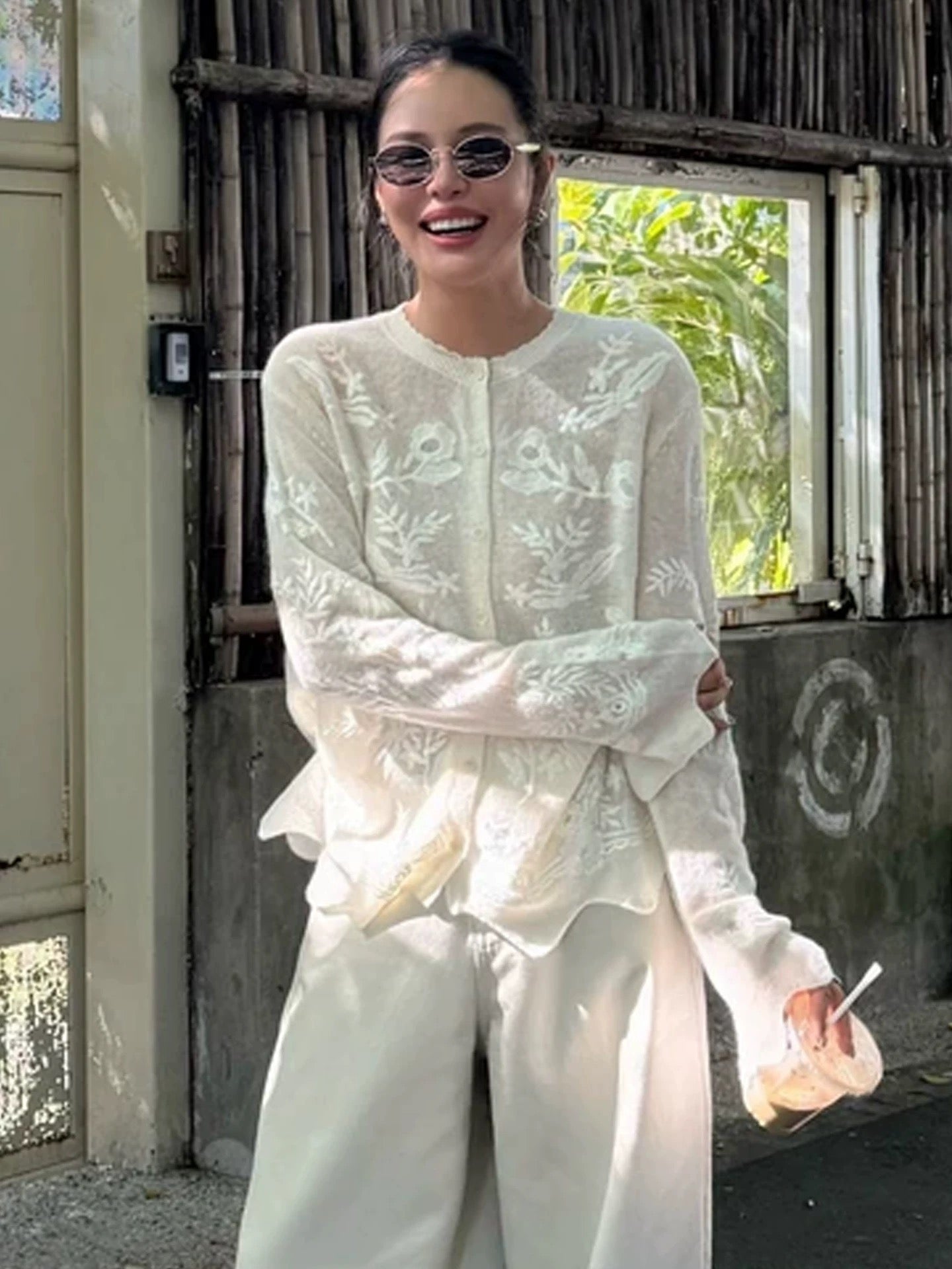 Sheer Embroidered White Blouse – Elegant Floral Design