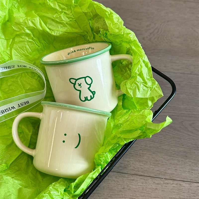 Minimal Cartoon Ceramic Mugs – Green Outline Character Design