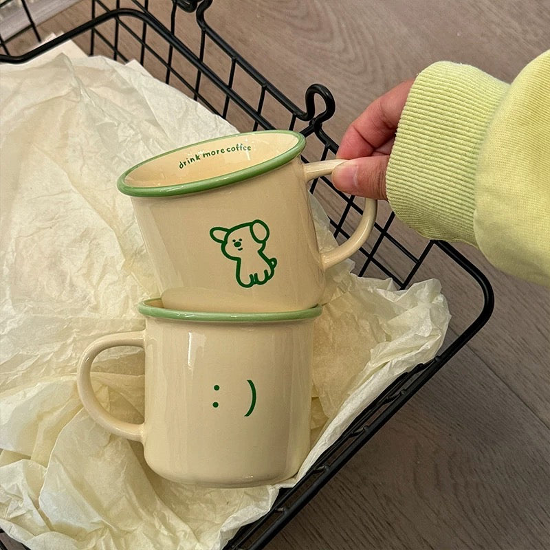 Minimal Cartoon Ceramic Mugs – Green Outline Character Design