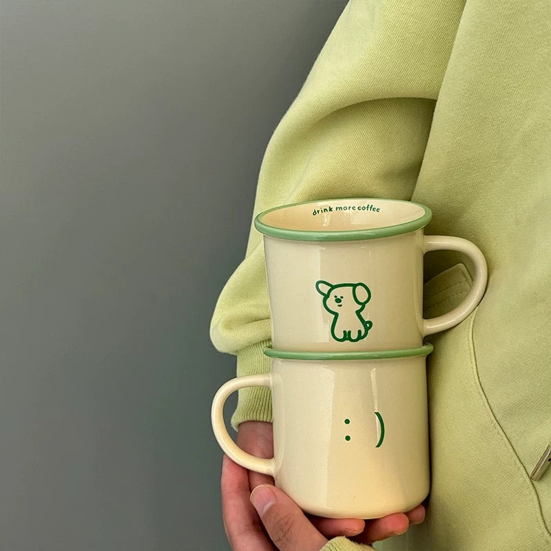 Minimal Cartoon Ceramic Mugs – Green Outline Character Design