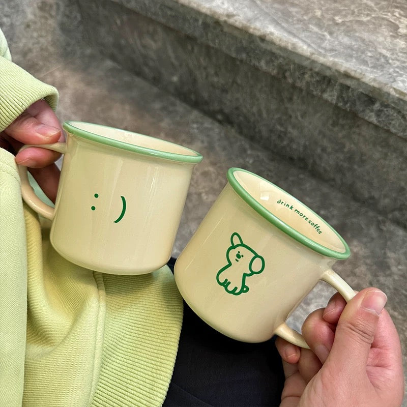 Minimal Cartoon Ceramic Mugs – Green Outline Character Design