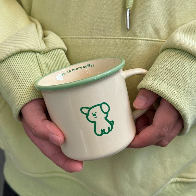 Minimal Cartoon Ceramic Mugs – Green Outline Character Design