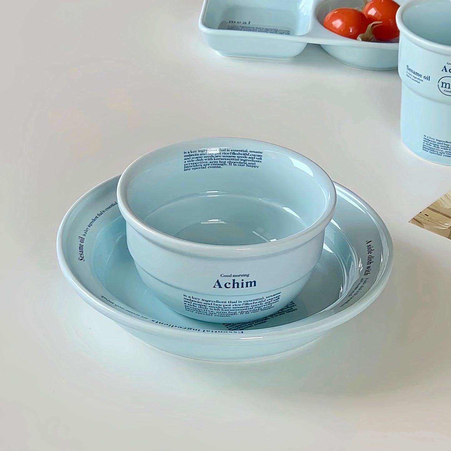 “Achim” Minimalist Tableware – Blue Text Print Ceramic Set