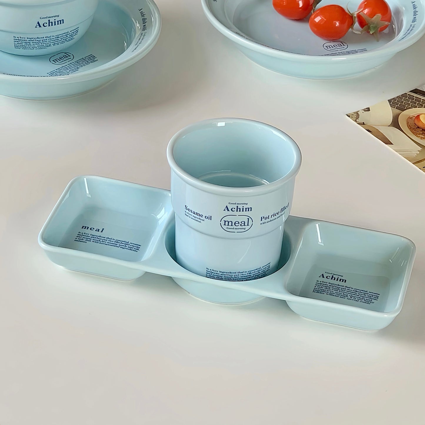“Achim” Minimalist Tableware – Blue Text Print Ceramic Set