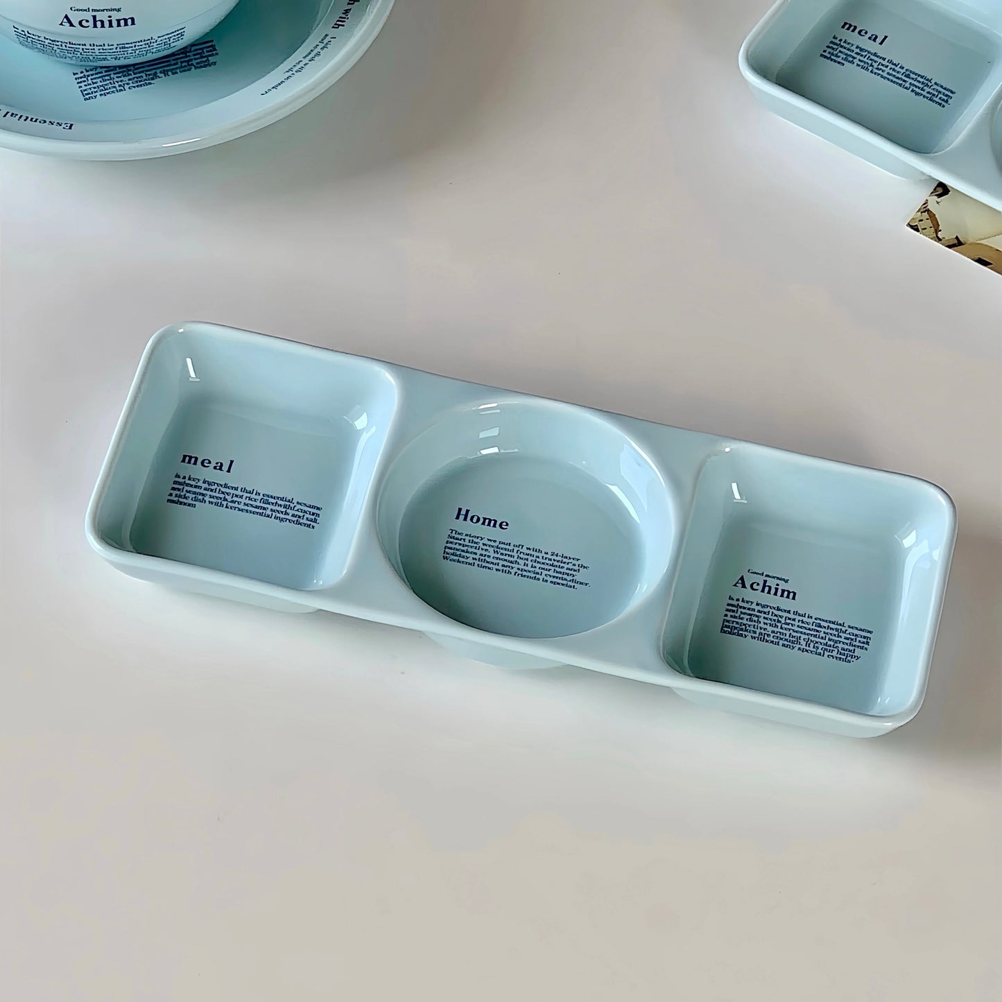 “Achim” Minimalist Tableware – Blue Text Print Ceramic Set