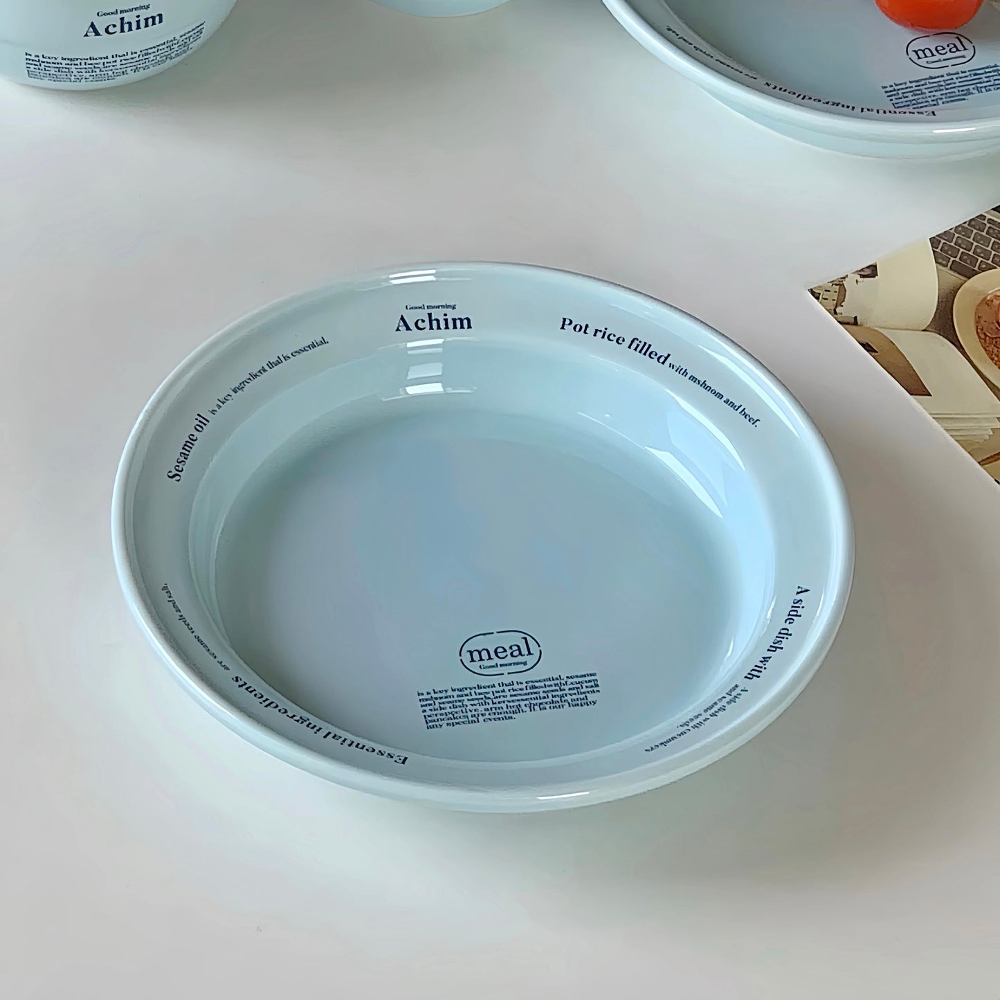 “Achim” Minimalist Tableware – Blue Text Print Ceramic Set