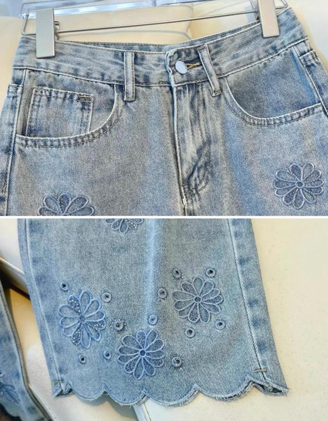 Embroidered Deep Blue Soft Denim Jeans