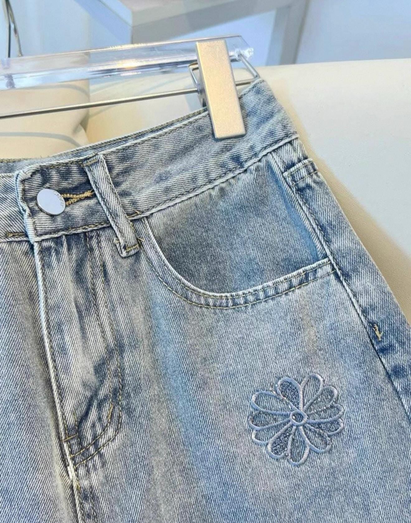 Embroidered Deep Blue Soft Denim Jeans