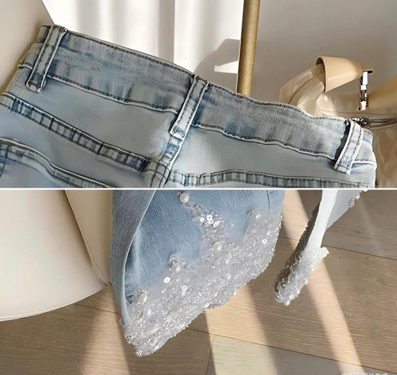 Lace and Glitter Embellished Denim Jeans