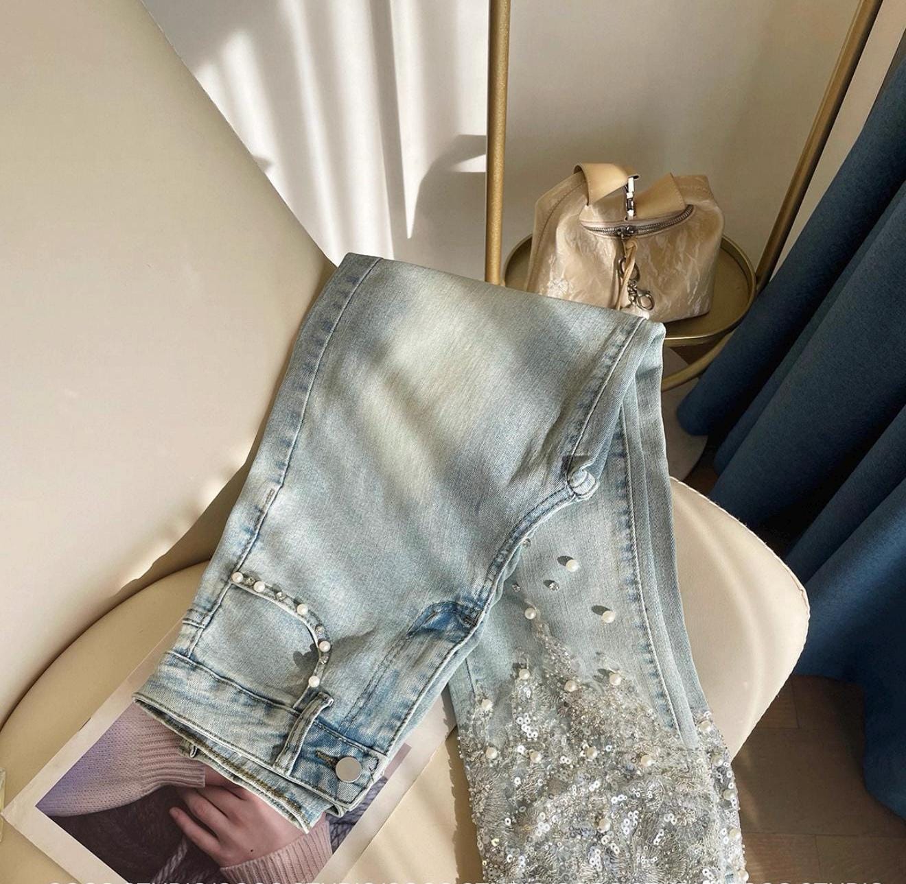 Lace and Glitter Embellished Denim Jeans