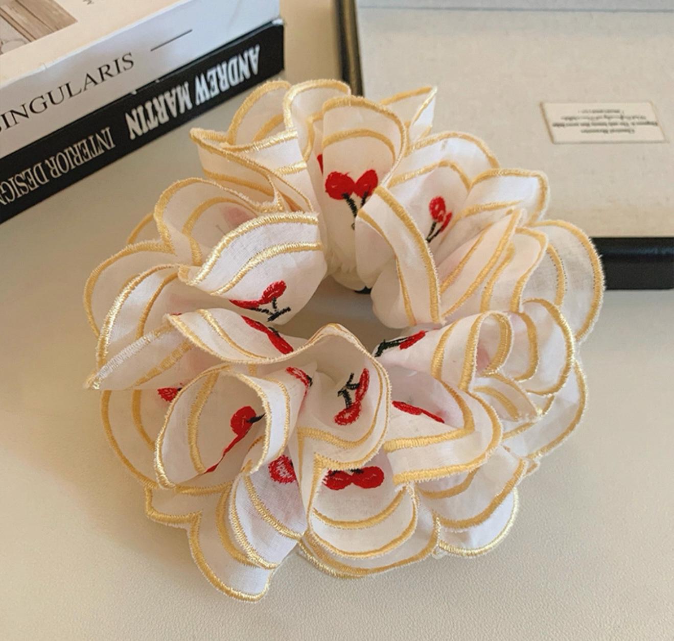Cherry Embroidered Sheer Ruffle Scrunchie