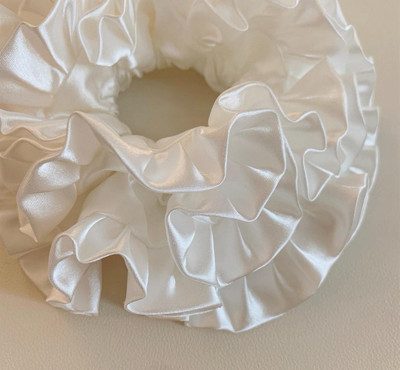 Elegant White Satin Ruffle Scrunchie