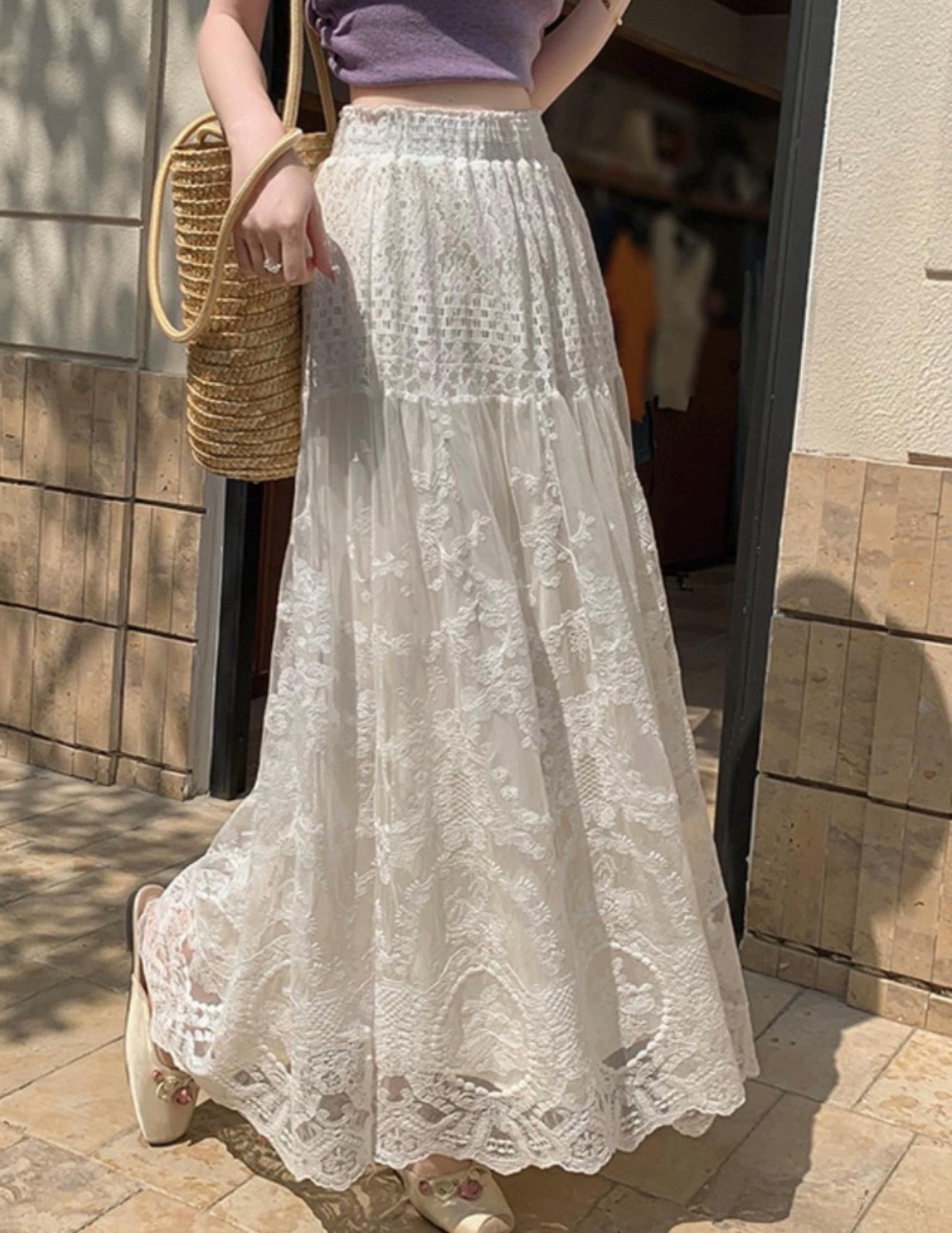 Boho White Lace Maxi Skirt