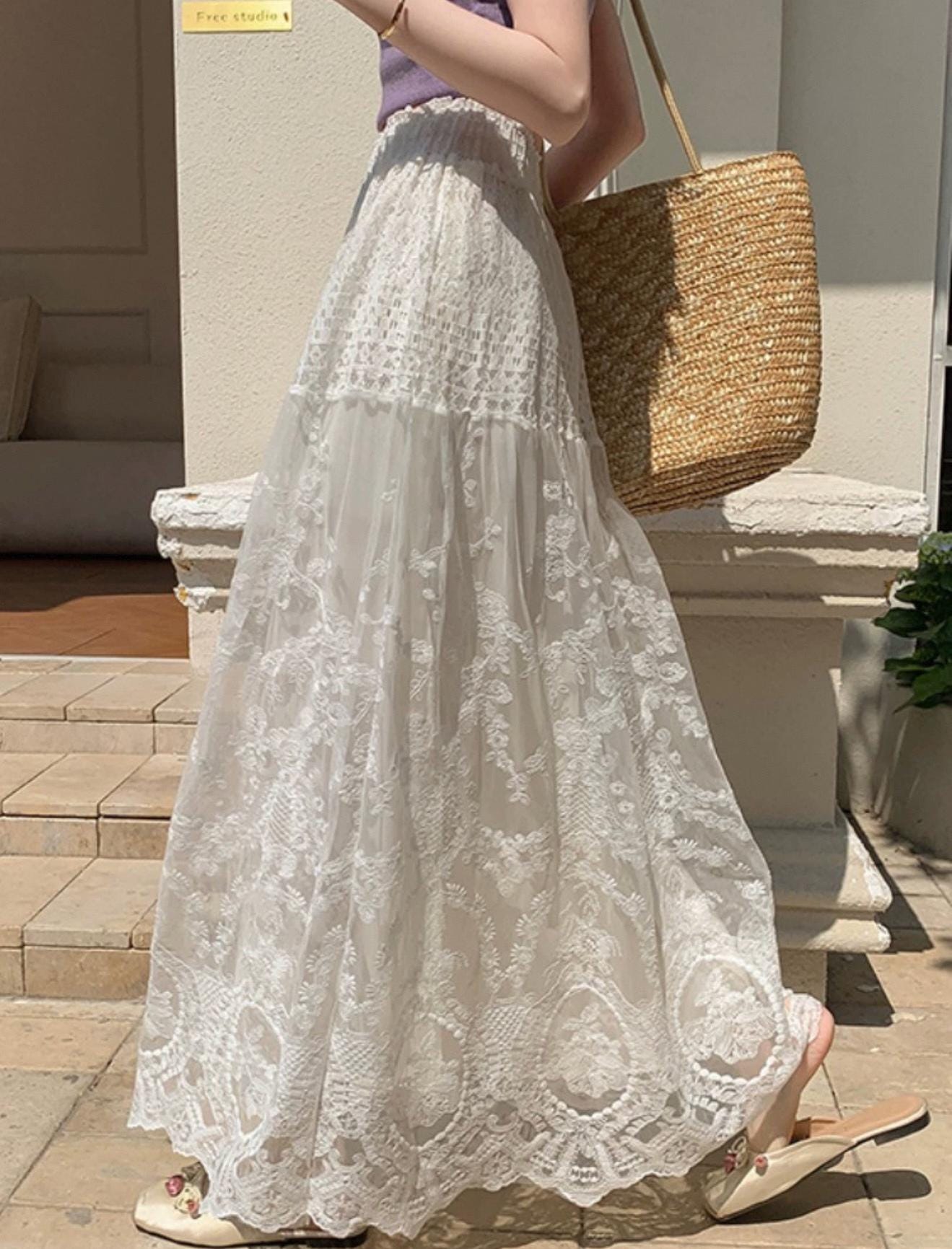 Boho White Lace Maxi Skirt