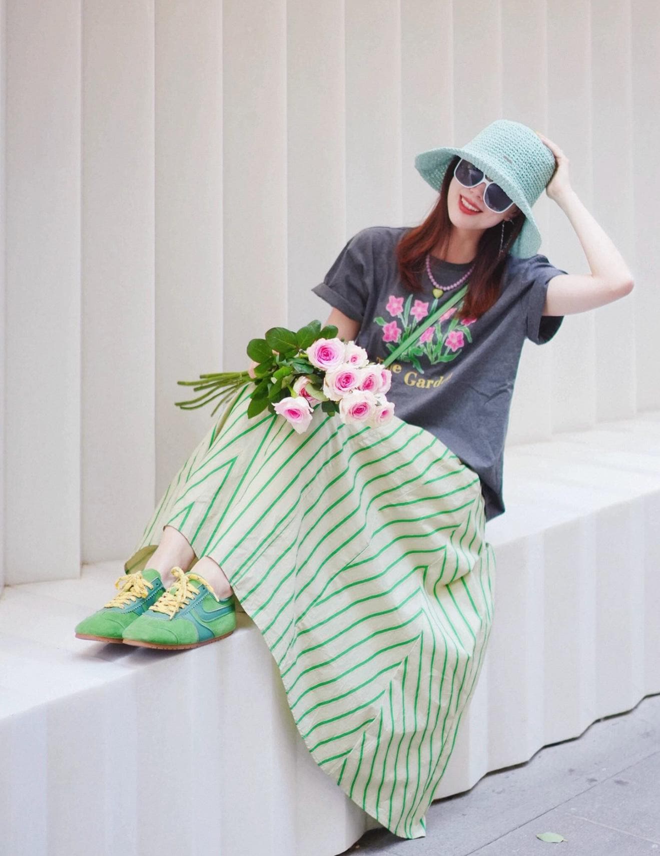 Green and White Chevron Stripe Midi Skirt