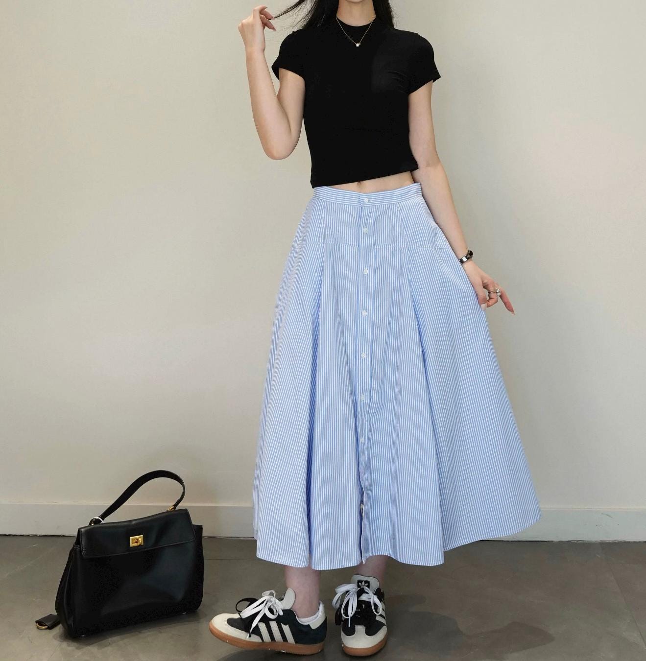 Blue Pinstripe Button-Front Midi Skirt