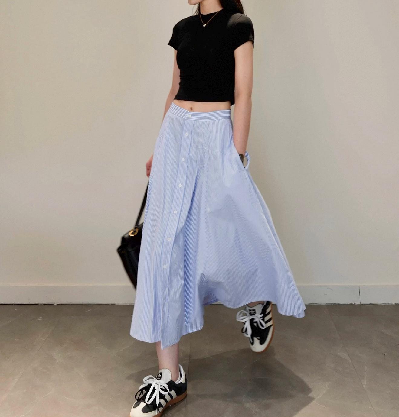 Blue Pinstripe Button-Front Midi Skirt