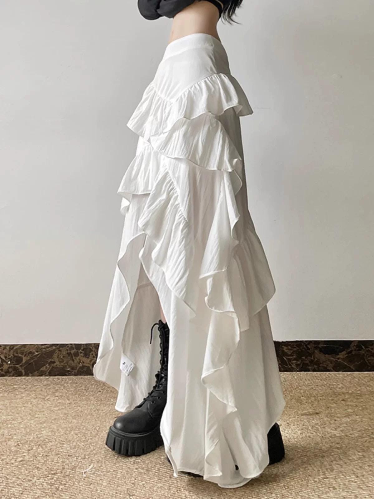 White Ruffle High-Low Maxi Skirt