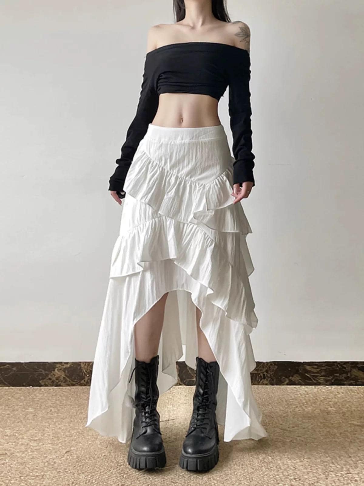 White Ruffle High-Low Maxi Skirt