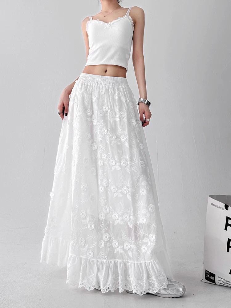 White Floral Embroidered Maxi Skirt