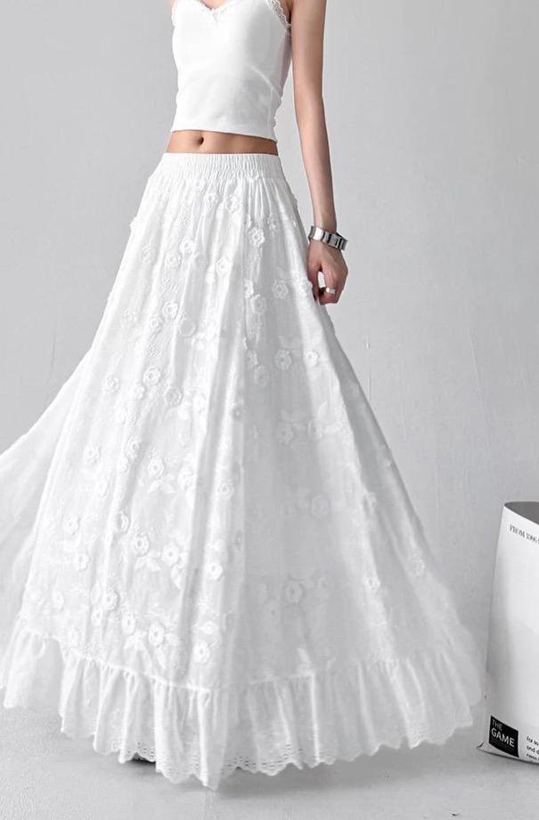 White Floral Embroidered Maxi Skirt