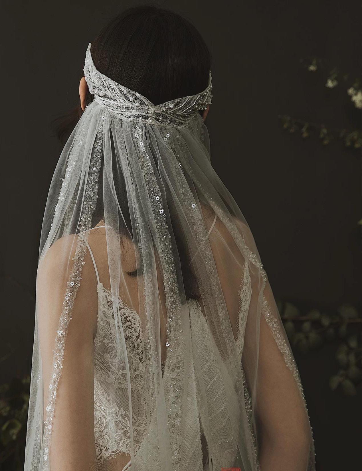 Boho Bridal Headband Veil with Long Sequined Tulle – Unique Open-Back Design