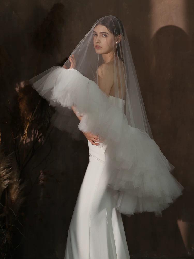 Statement Tulle Cathedral Bridal Veil with Layered Ruffled Edge