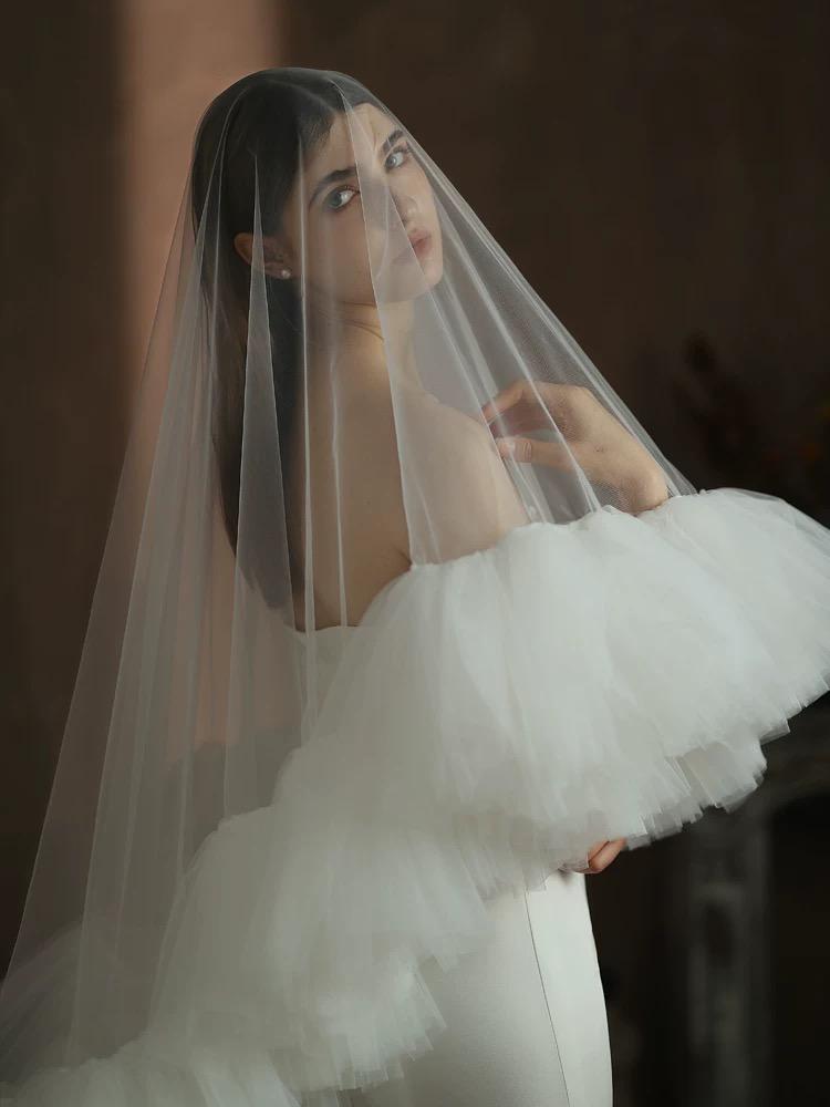 Statement Tulle Cathedral Bridal Veil with Layered Ruffled Edge