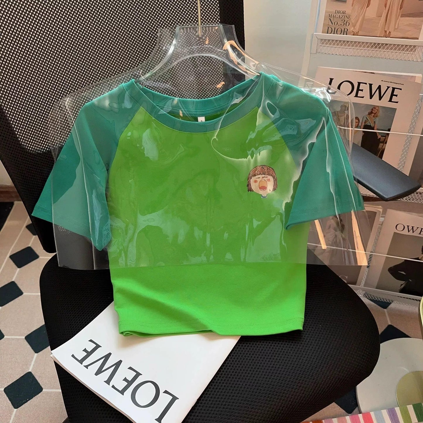 Green Graphic Tee – Cartoon Yawning Girl Print