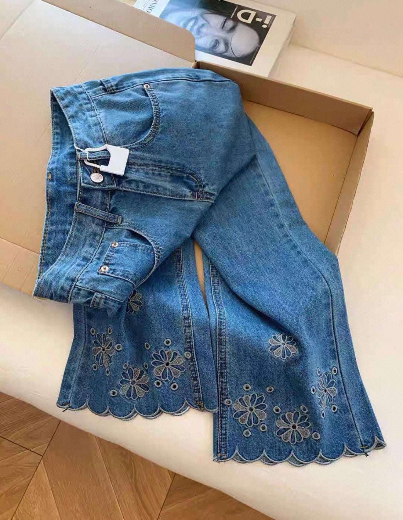 Embroidered Deep Blue Soft Denim Jeans