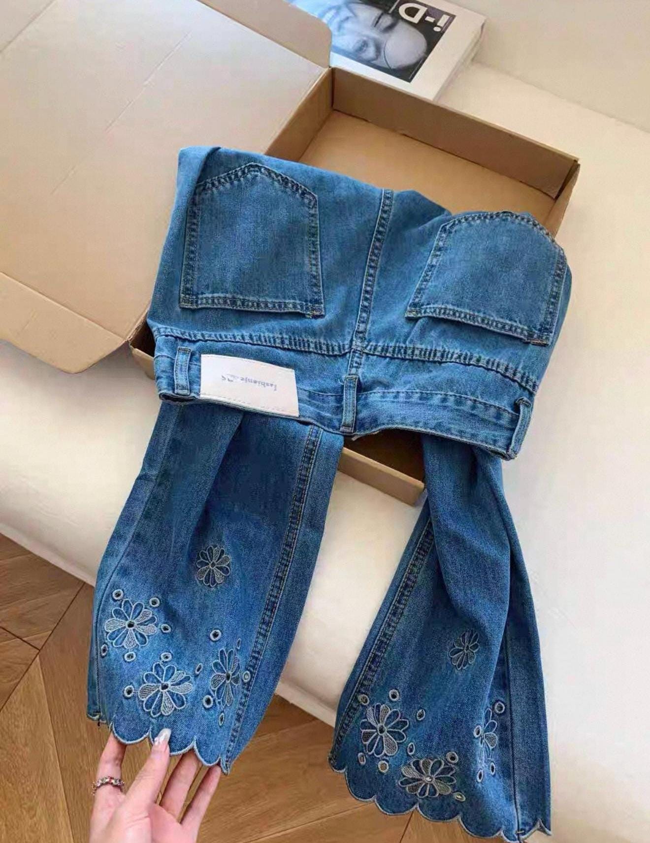 Embroidered Deep Blue Soft Denim Jeans