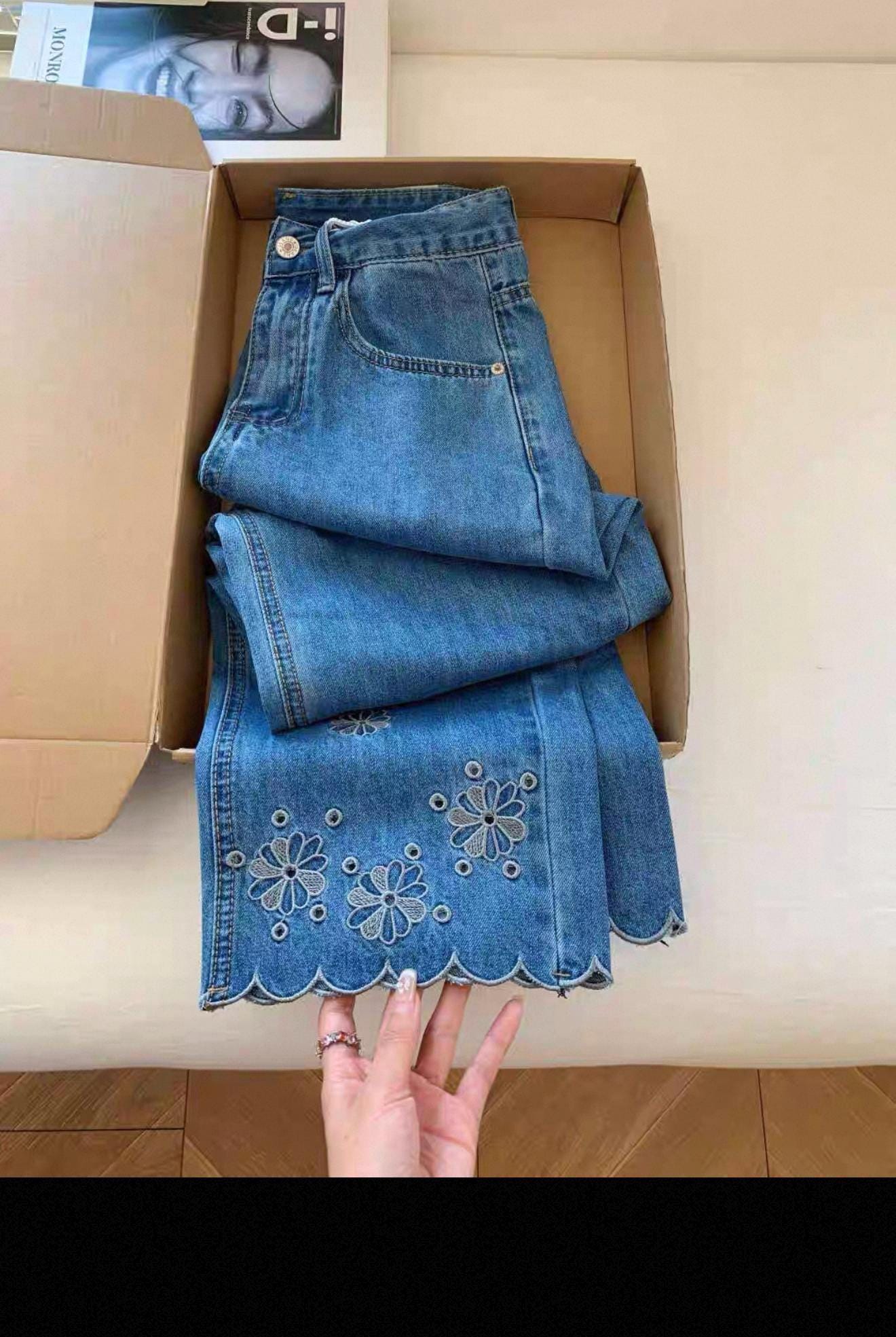 Embroidered Deep Blue Soft Denim Jeans