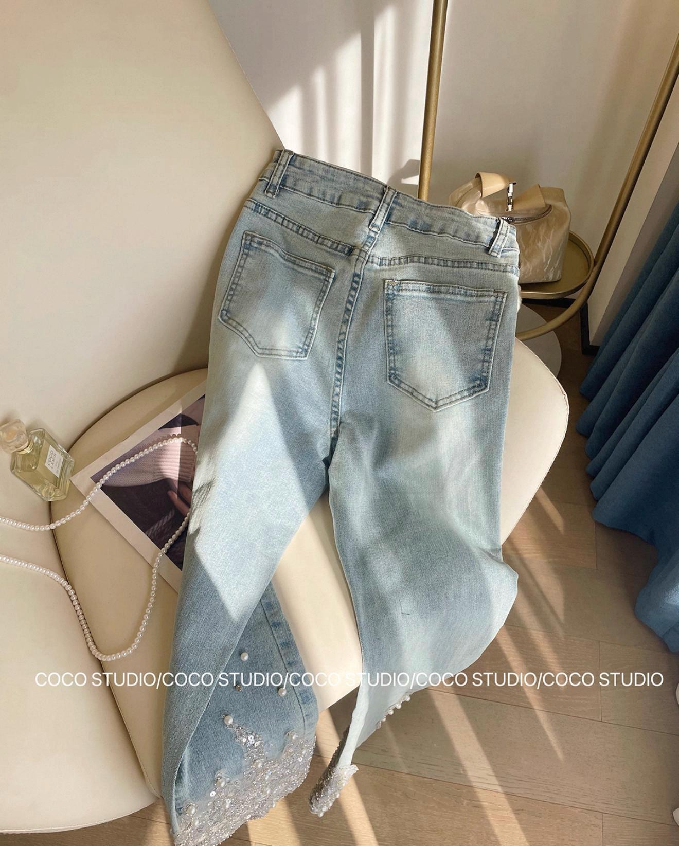 Lace and Glitter Embellished Denim Jeans