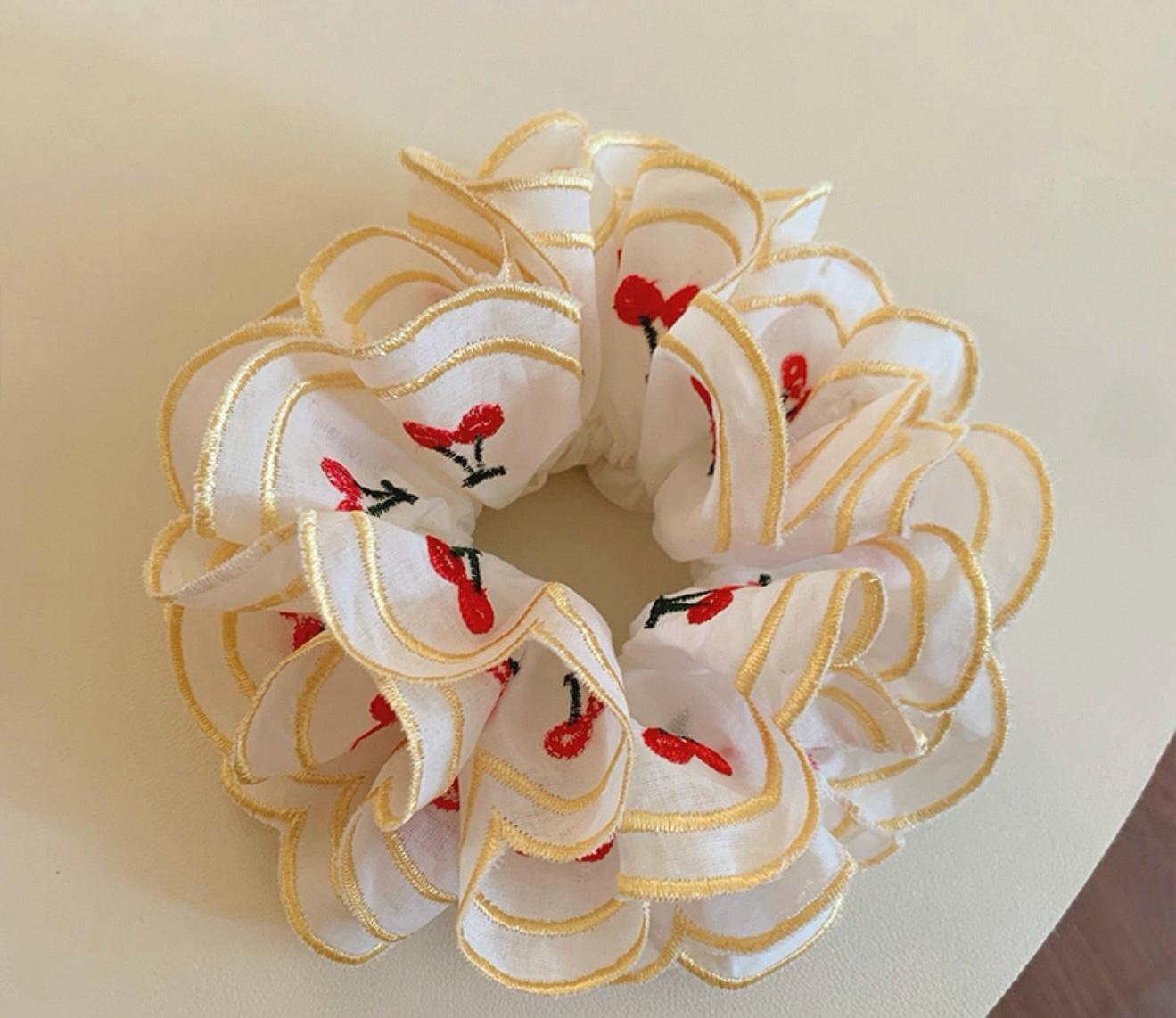 Cherry Embroidered Sheer Ruffle Scrunchie
