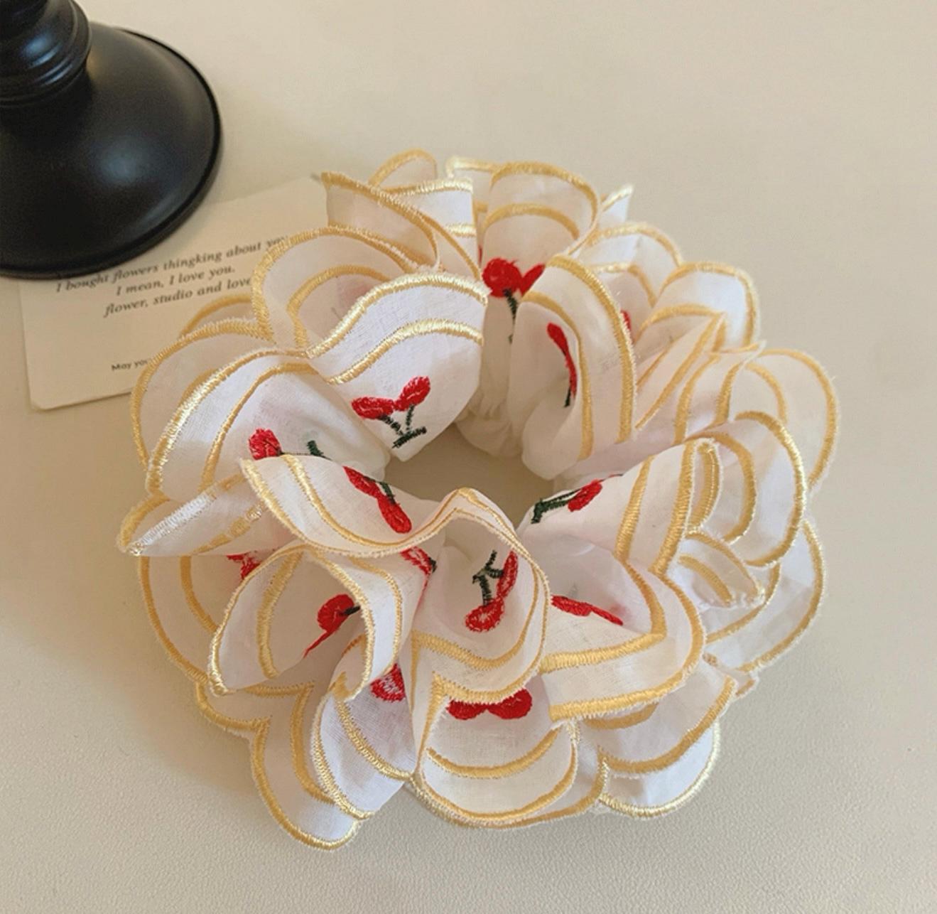 Cherry Embroidered Sheer Ruffle Scrunchie