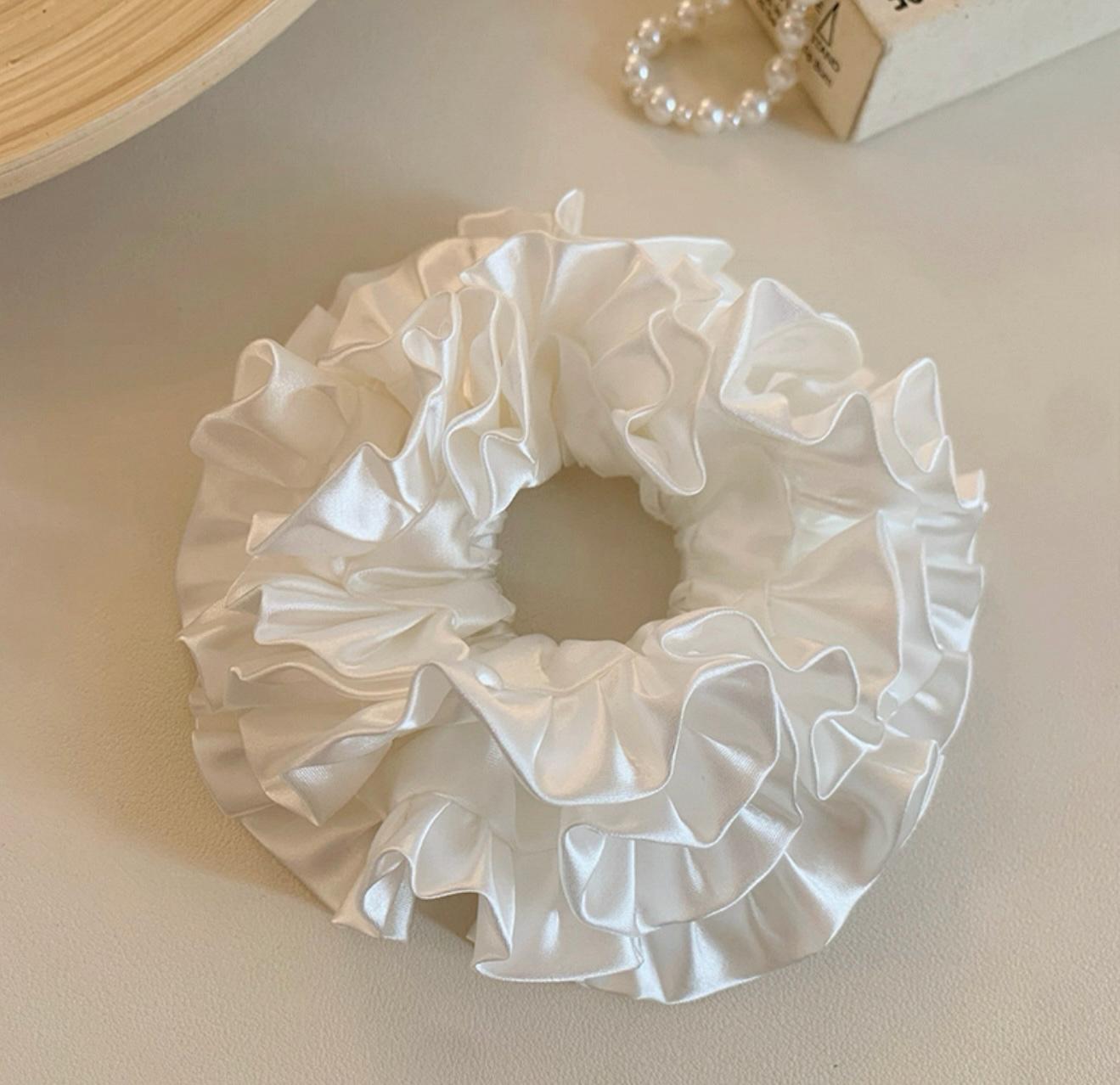 Elegant White Satin Ruffle Scrunchie