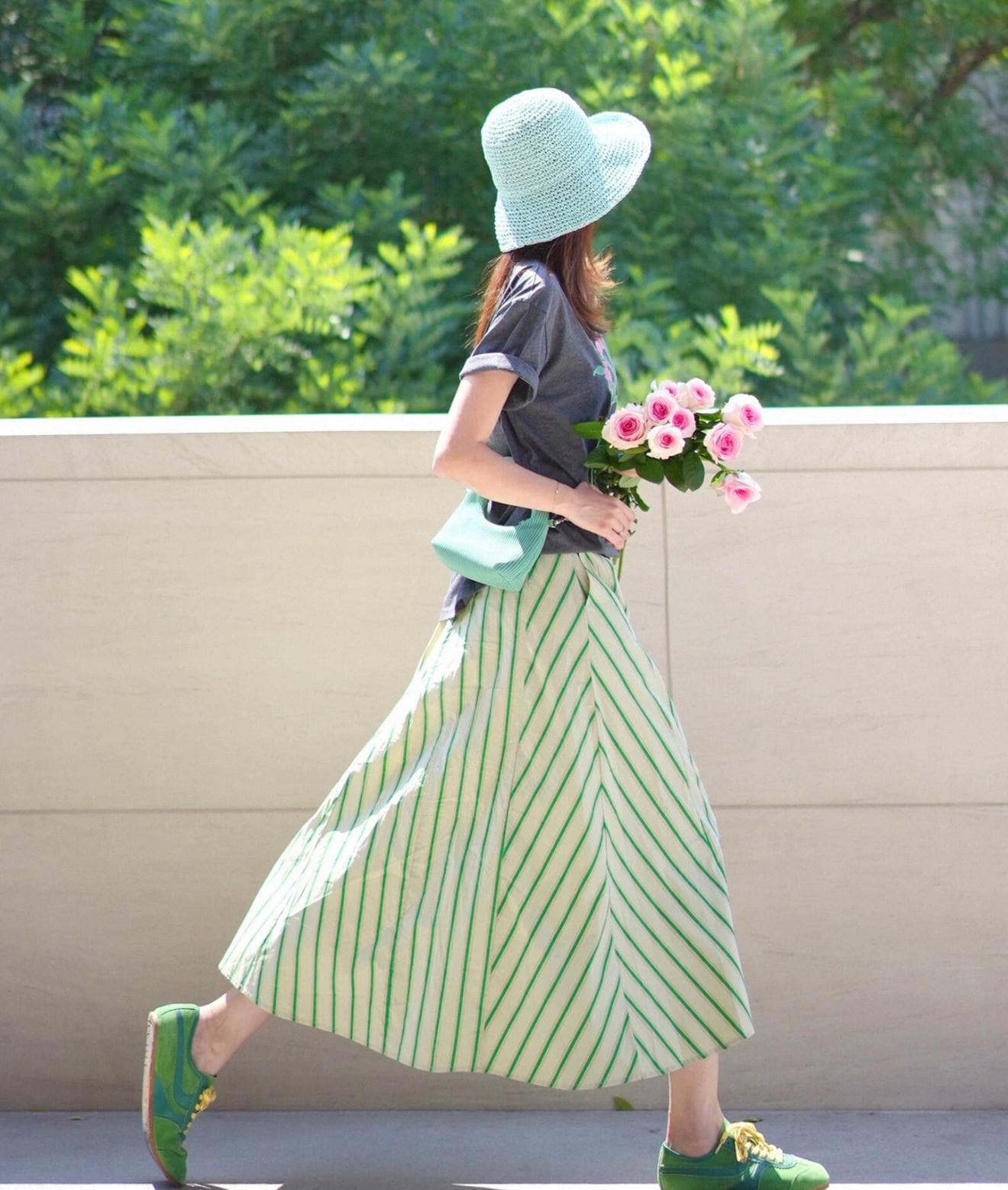 Green and White Chevron Stripe Midi Skirt