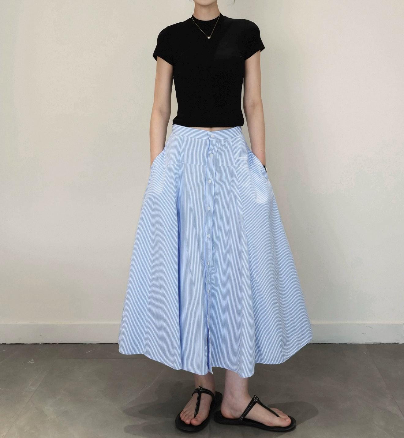 Blue Pinstripe Button-Front Midi Skirt