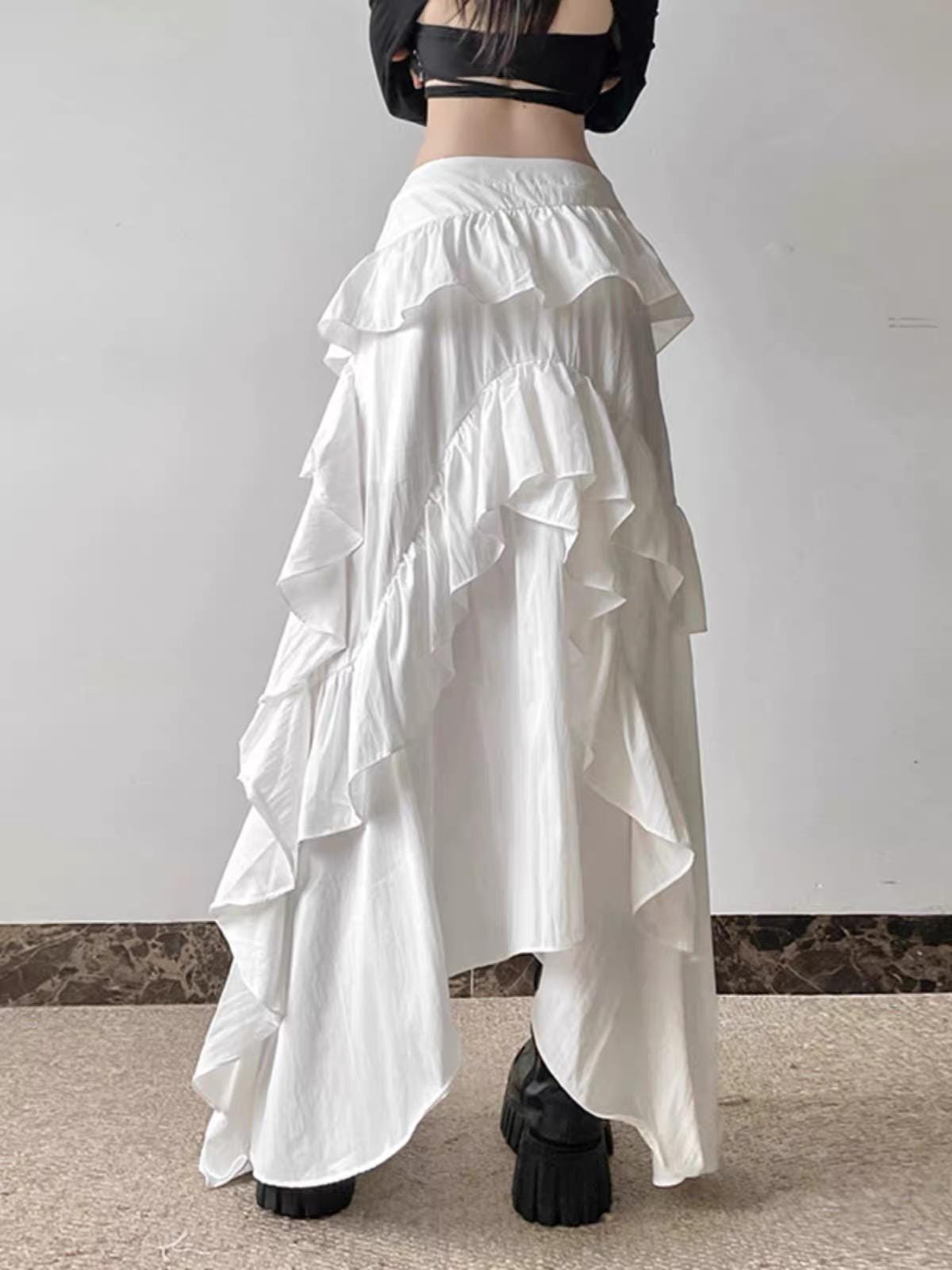 White Ruffle High-Low Maxi Skirt