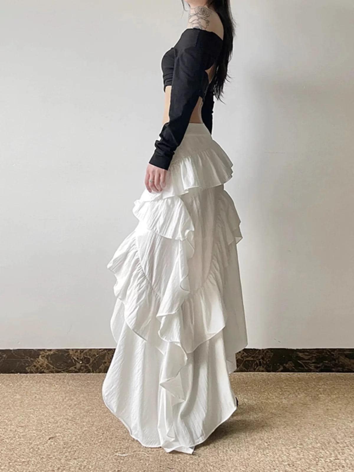 White Ruffle High-Low Maxi Skirt