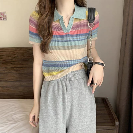 Pastel Stripe Knit Polo Shirt
