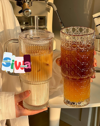 "Stanley" Style Textured Glass Mug with Straw & Lid - Hot and Cold Beverages