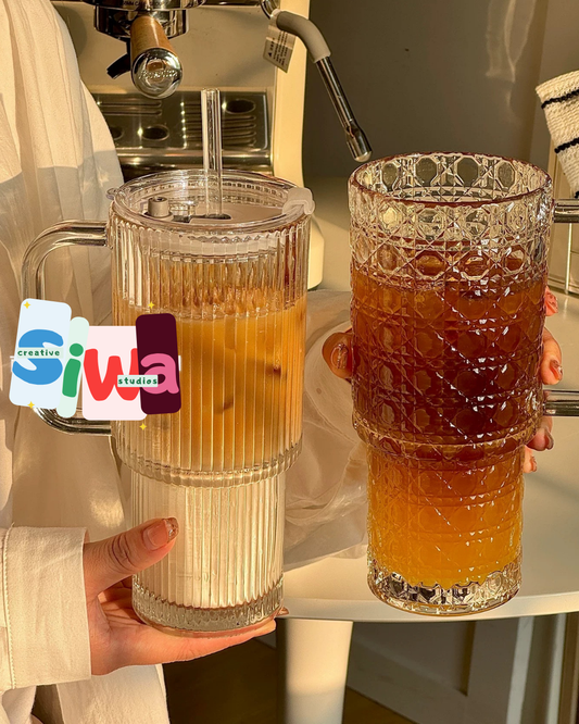 "Stanley" Style Textured Glass Mug with Straw & Lid - Hot and Cold Beverages