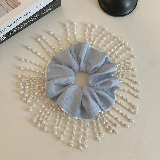 Light Blue Scrunchie with Pearl Fringe