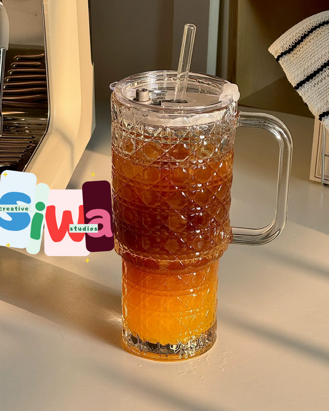 "Stanley" Style Textured Glass Mug with Straw & Lid - Hot and Cold Beverages