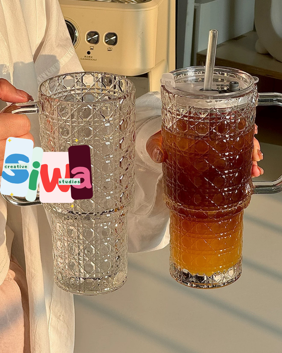 "Stanley" Style Textured Glass Mug with Straw & Lid - Hot and Cold Beverages