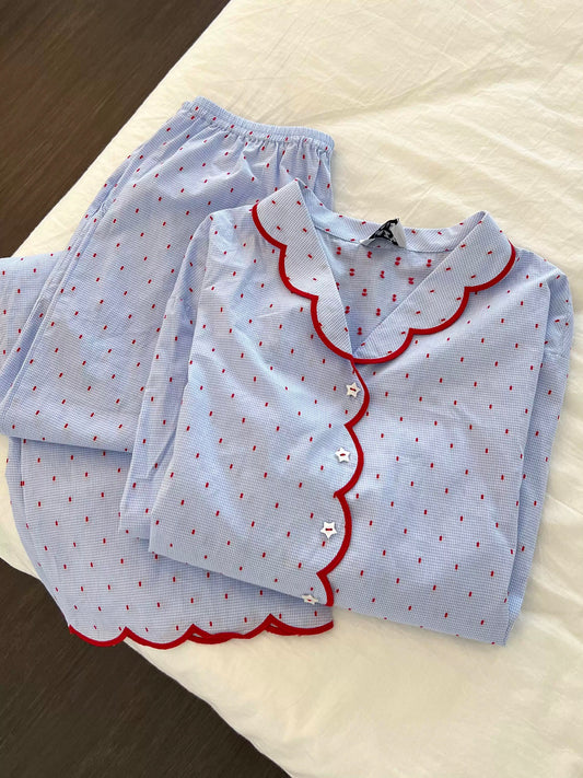 Blue Mini Gingham Pajama Set with Red Scallop Trim